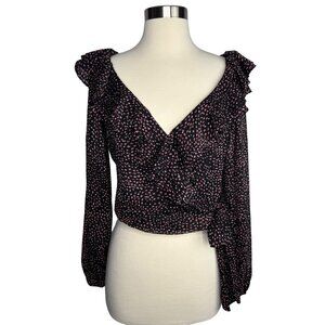 Express Cropped Black Long Sleeve Wrap-Style Blouse with Ruffle V-Neck Size XS